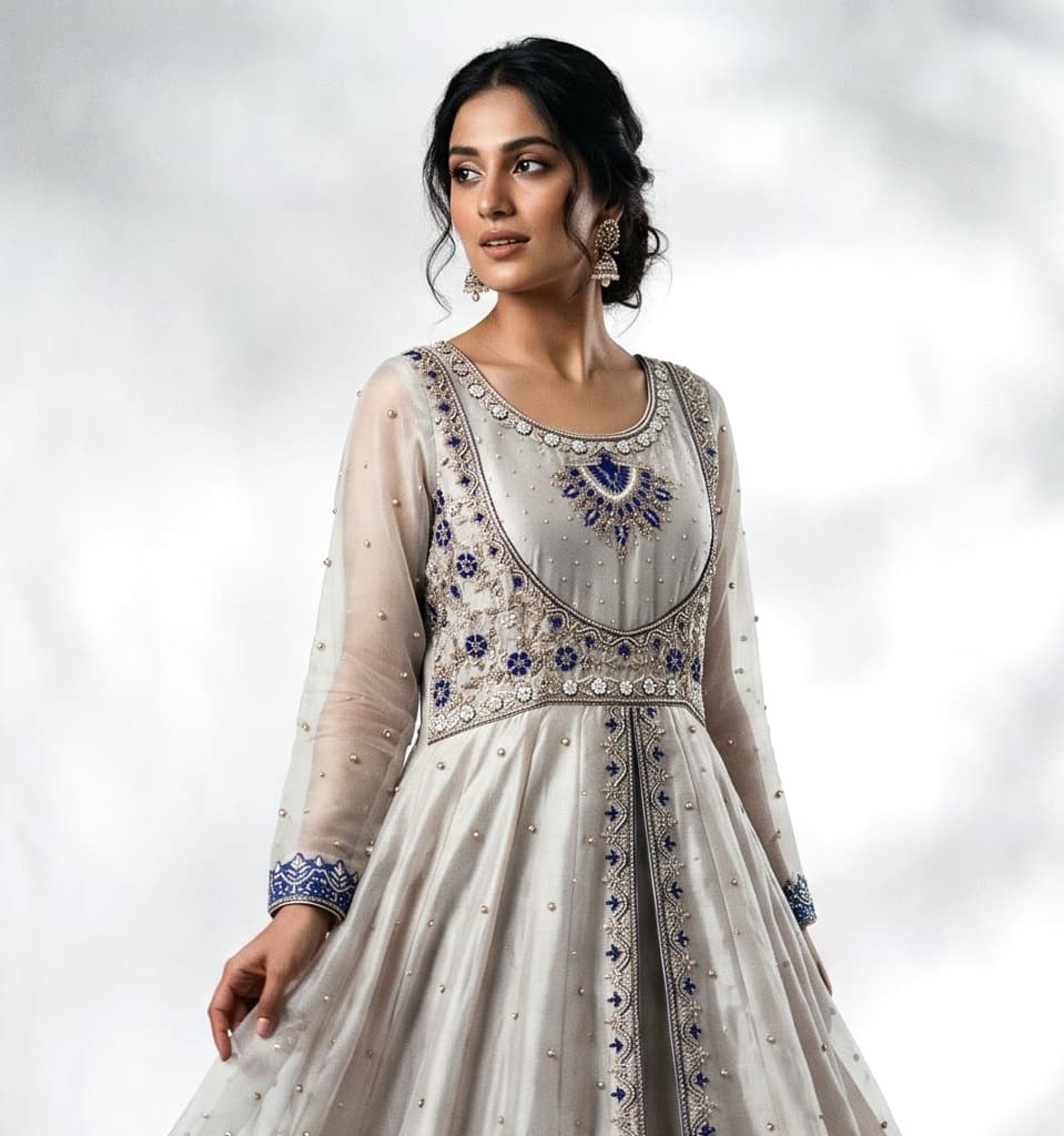 Silver Zari Handcrafted Anarkali Suit